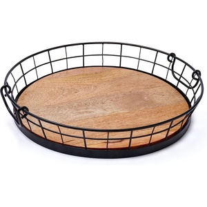 image:imageSpectrum Madison Round Metal Wooden Serving Tray with Handles for Living Room Kitchen Counter Ottoman Coffee Bar Dining Table Decorative Home Organizer Platter Rustic Black Metal amp Light Wood Tray