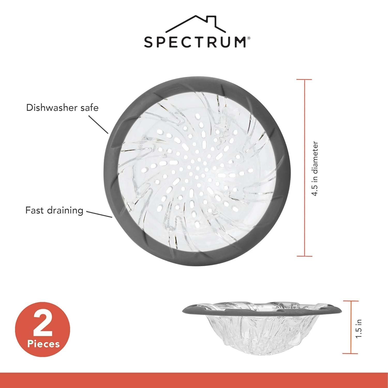 image:imageSpectrum Cora Kitchen Sink Drain Strainer for Food Debris Waste Plastic Spiral Sink Drain Stopper Cover Catcher Filter Food Hair Prevents Drain Clogging in Sinks Showers Baths 45 Inch Gray amp ClearGrayClear