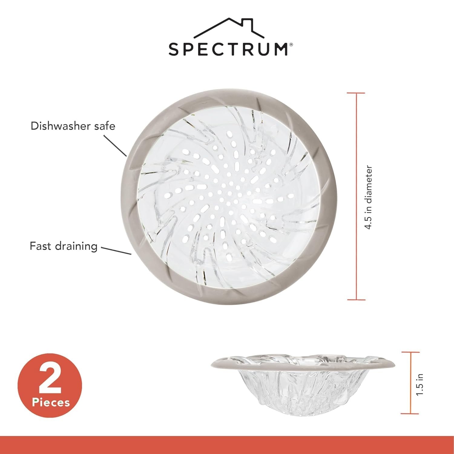 image:imageSpectrum Cora Kitchen Sink Drain Strainer for Food Debris Waste Plastic Spiral Sink Drain Stopper Cover Catcher Filter Food Hair Prevents Drain Clogging in Sinks Showers Baths 45 Inch Gray amp ClearWarm GrayClear