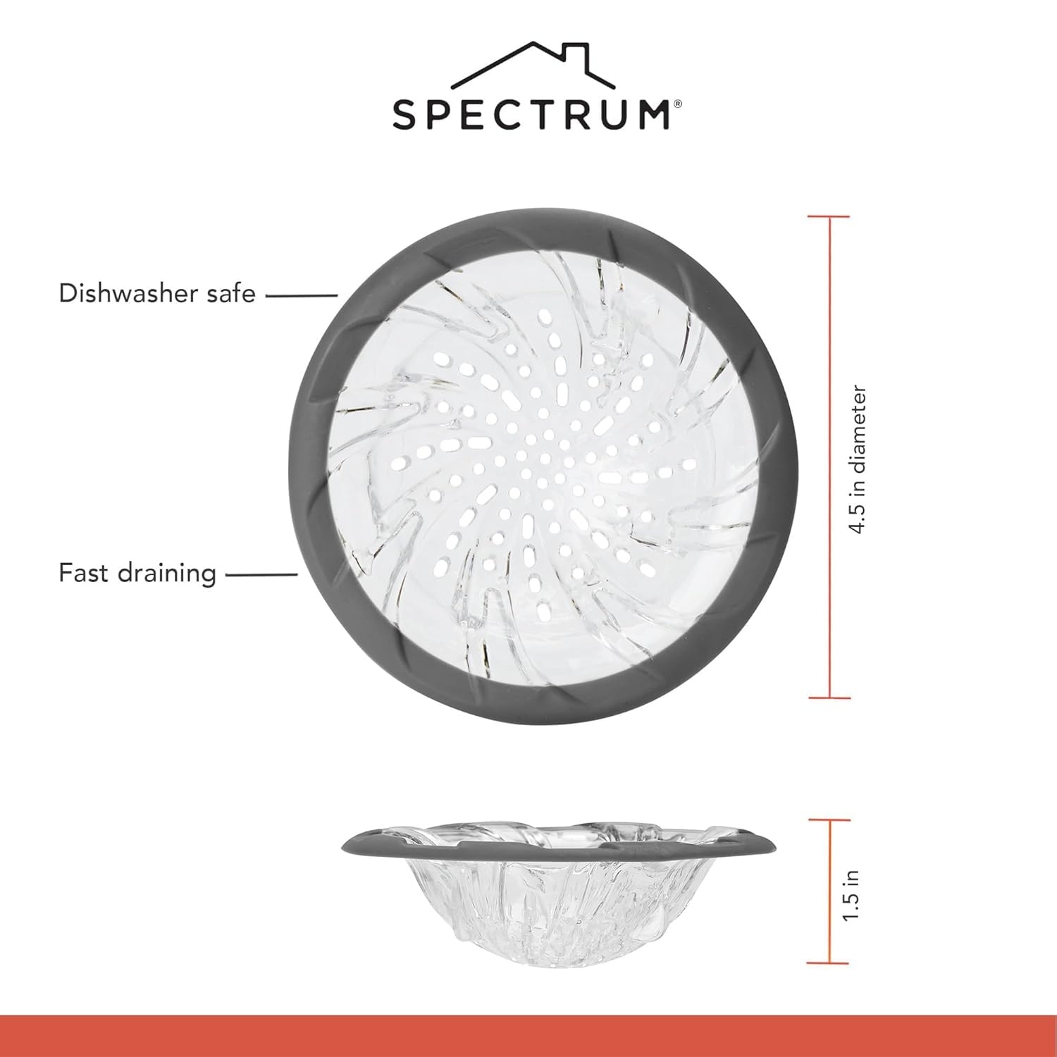 image:imageSpectrum Cora Kitchen Sink Drain Strainer for Food Debris Waste Plastic Spiral Sink Drain Stopper Cover Catcher Filter Food Hair Prevents Drain Clogging in Sinks Showers Baths 45 Inch Gray amp ClearGrayClear
