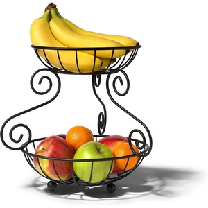 image:imageSpectrum Scroll 2 Tier Fruit Basket Stand Decorative Stacked Fruit Tower for Produce Bread Snacks Vegetables Sturdy Steel Tiered Fruit Basket Server for Kitchen Counter Dining Table Black